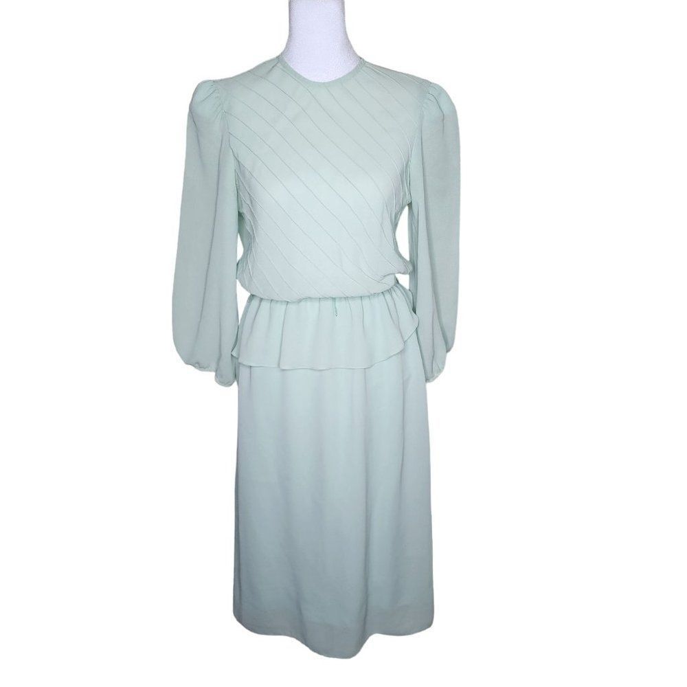 Vintage 70s Blouson Dress Womens Size S Mint Green Balloon Sleeves Chiffon